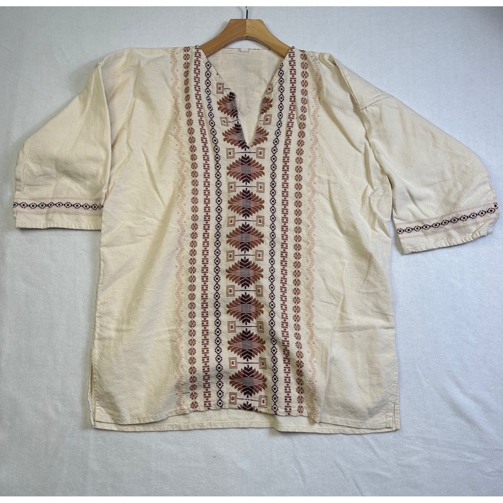 Vintage Hand Loomed Tribal Embroidered Cotton Tunic Top Cream Boho V-Neck XL